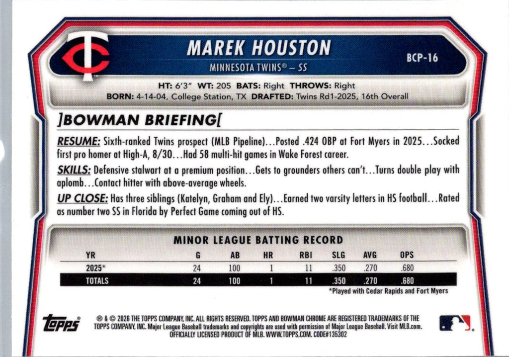 2026 Bowman Chrome Marek Houston #BCP-16