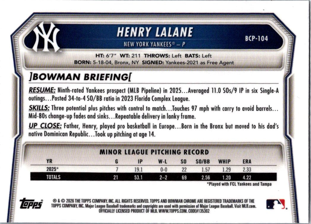 2026 Bowman Chrome Henry Lalane #BCP-104