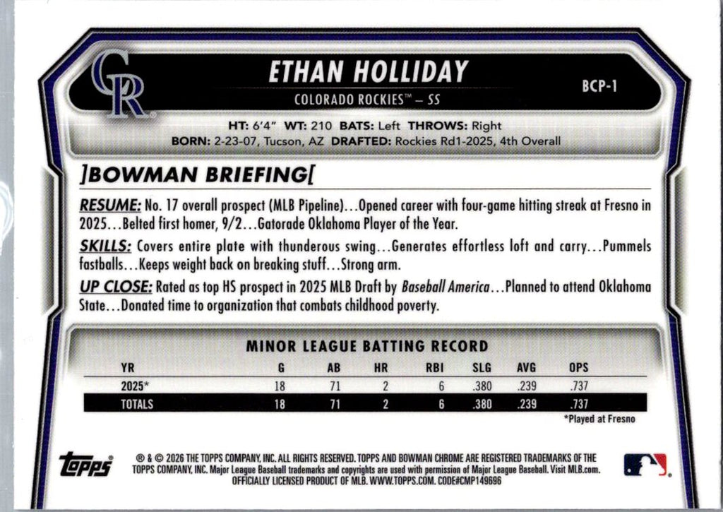 2026 Bowman Chrome Ethan Holliday #BCP-1 Mojo Refractor