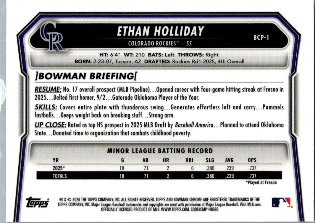 2026 Bowman Chrome Ethan Holliday #BCP-1 Mojo Refractor