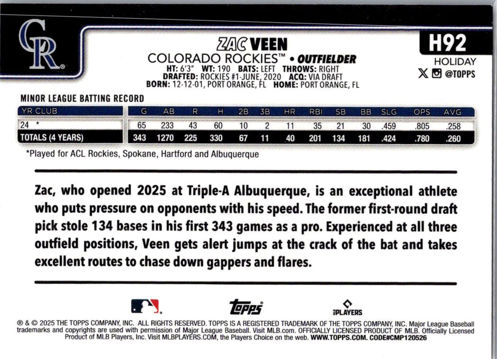 2025 Topps Holiday Zac Veen #H92 RC