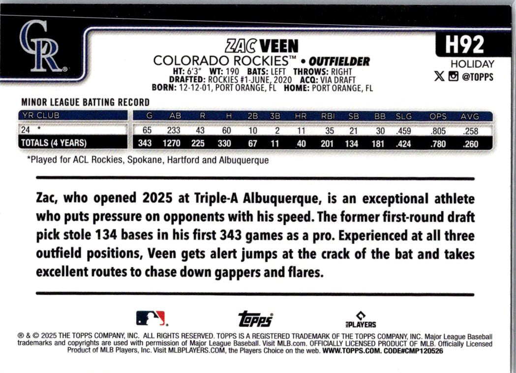 2025 Topps Holiday Zac Veen #H92 RC