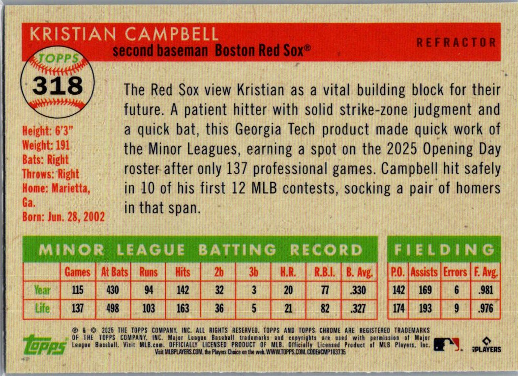 2025 Topps Chrome Platinum Kristian Campbell #318 Refractor RC