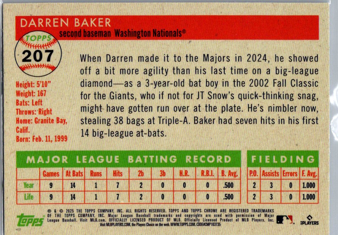 2025 Topps Chrome Platinum Darren Baker #207 RC