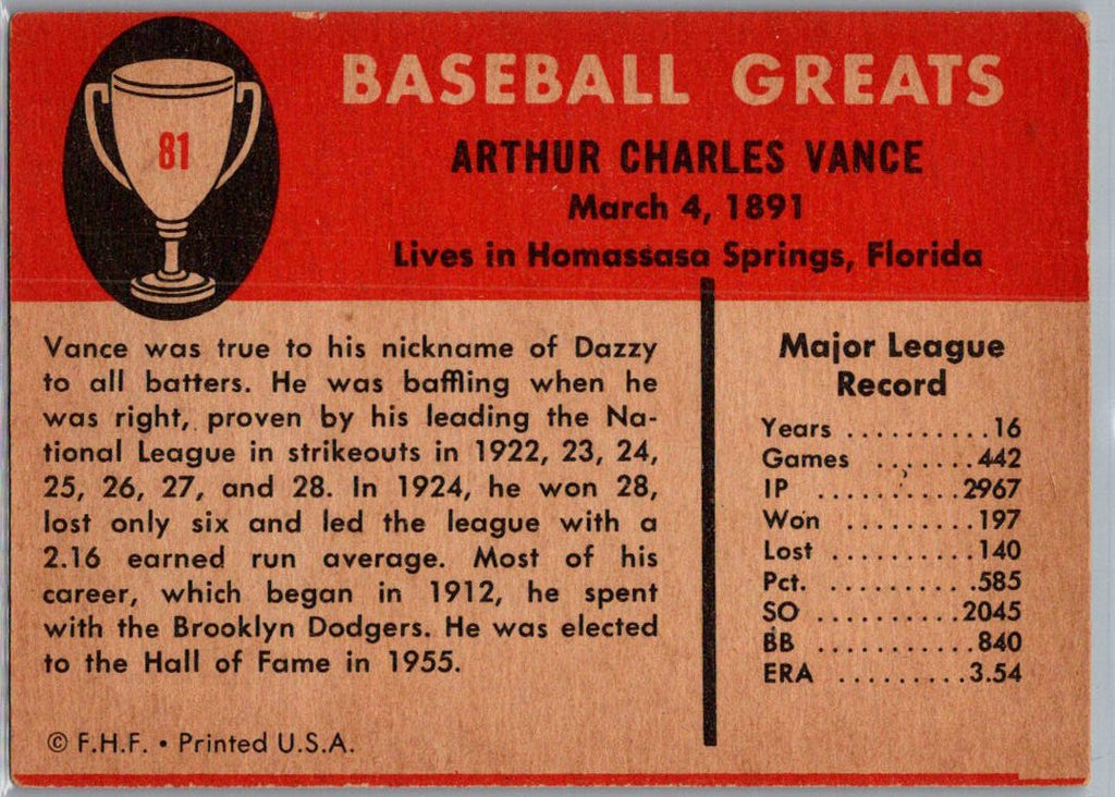1961 Fleer Baseball Greats Dazzy Vance #81