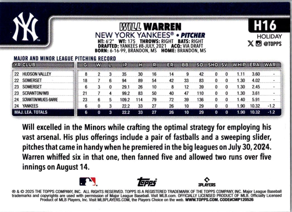 2025 Topps Holiday Will Warren #H16 RC