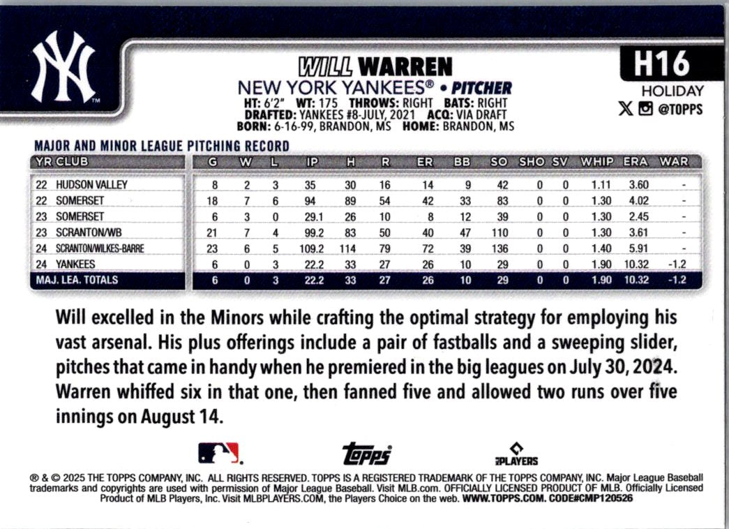 2025 Topps Holiday Will Warren #H16 RC