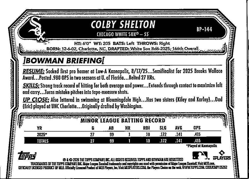 2026 Bowman Colby Shelton #BP-144 Sky Blue Border /499