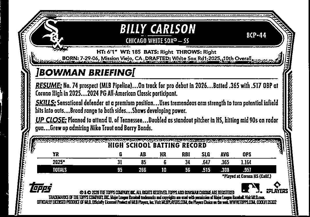 2026 Bowman Chrome Billy Carlson #BCP-44