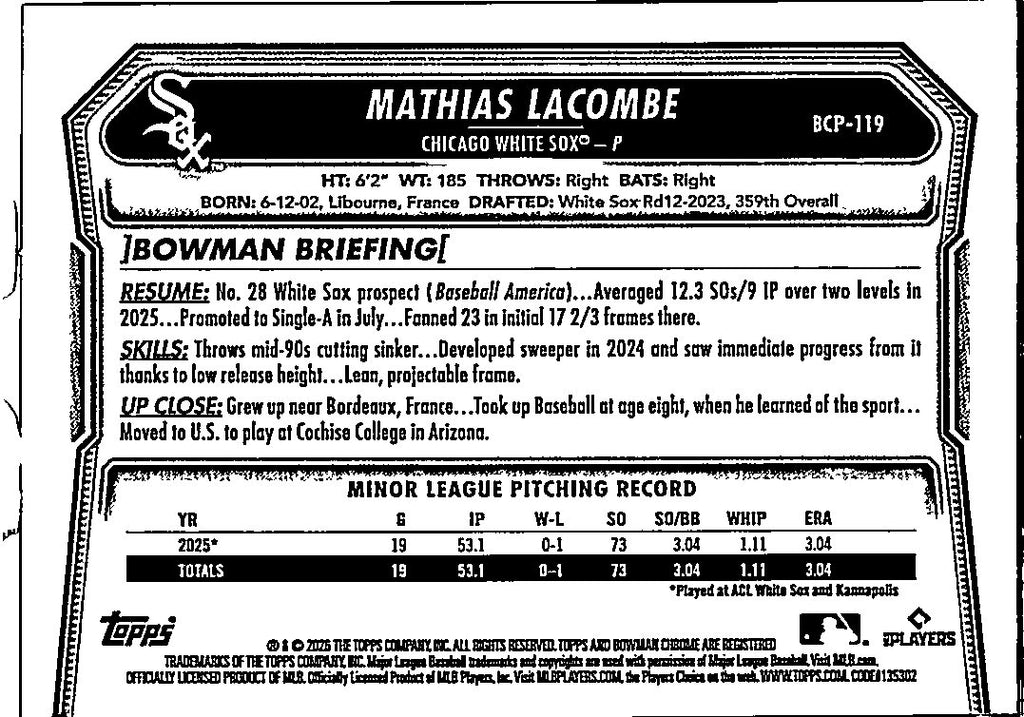 2026 Bowman Chrome Mathias Lacombe #BCP-119