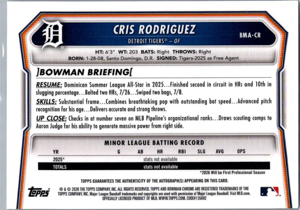 2026 Bowman Chrome Cris Rodriguez #BMA-CR Mojo Refractor Auto