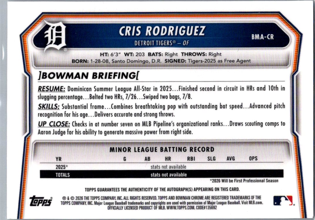 2026 Bowman Chrome Cris Rodriguez #BMA-CR Mojo Refractor Auto