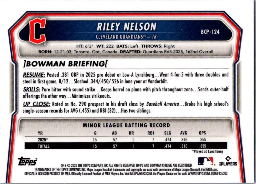 2026 Bowman Chrome Riley Nelson #BCP-124 1st Bowman