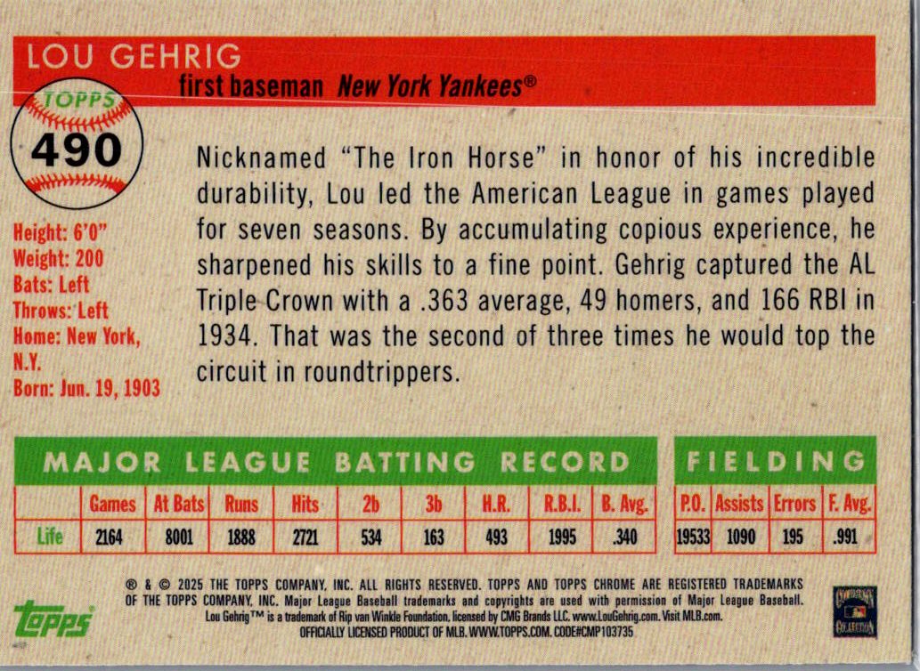 2025 Topps Chrome Lou Gehrig #490 Blue Prism
