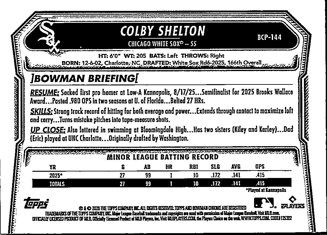 2026 Bowman Chrome Colby Shelton #BCP-144
