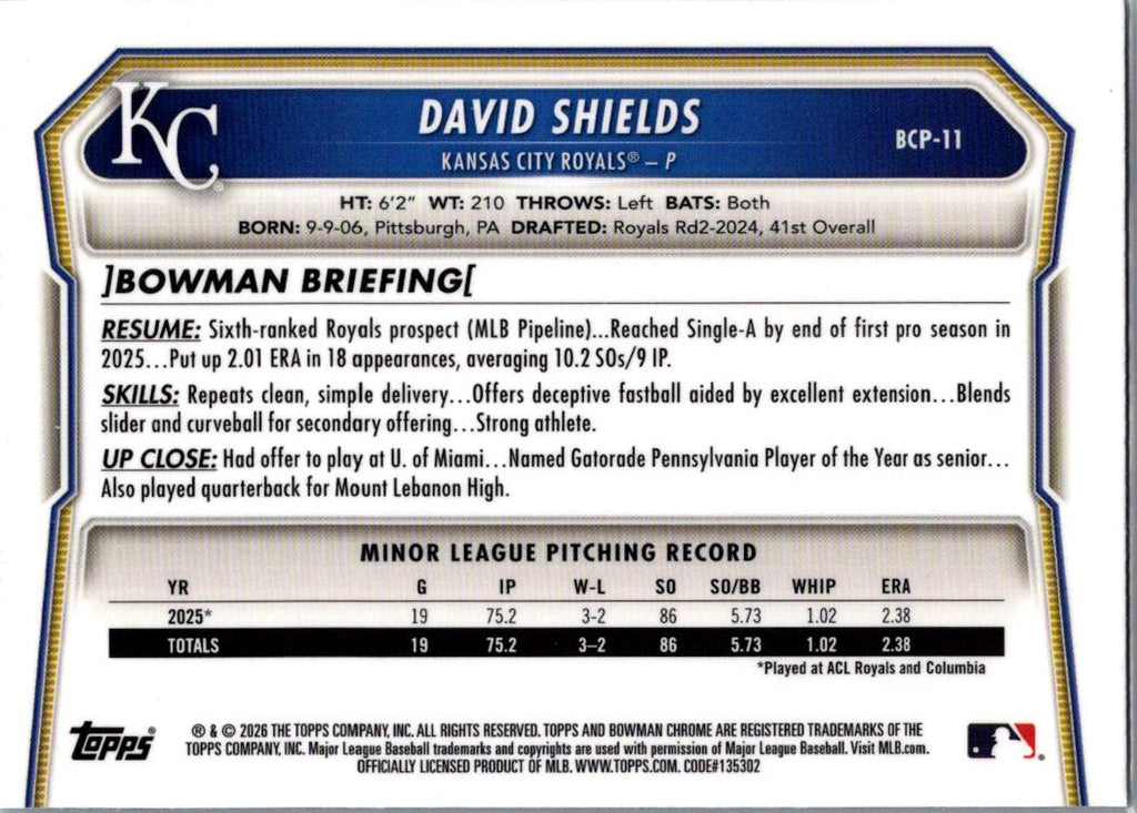 2026 Bowman Chrome David Shields #BCP-11