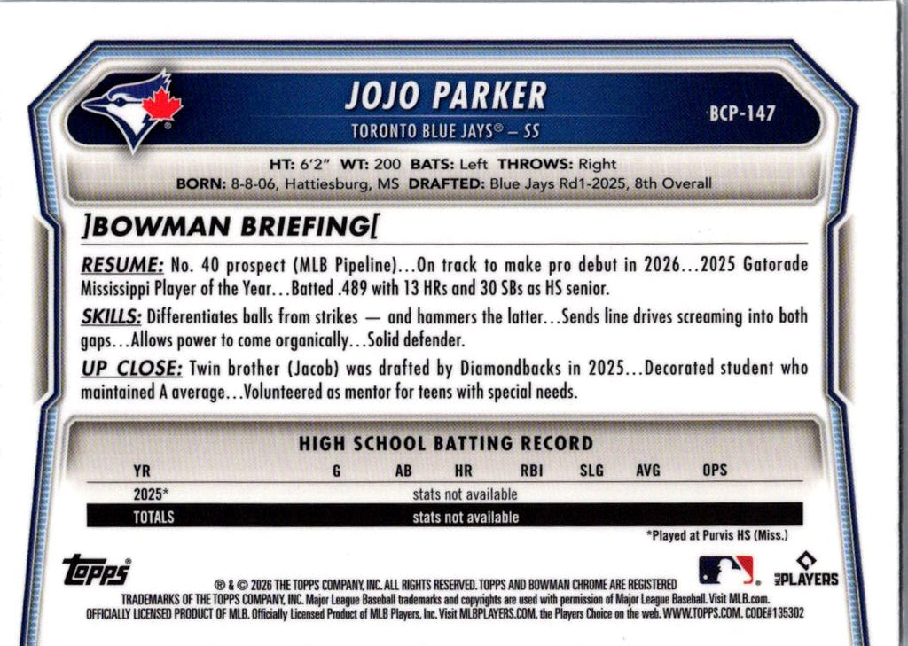 2026 Bowman Chrome Jojo Parker #BCP-147