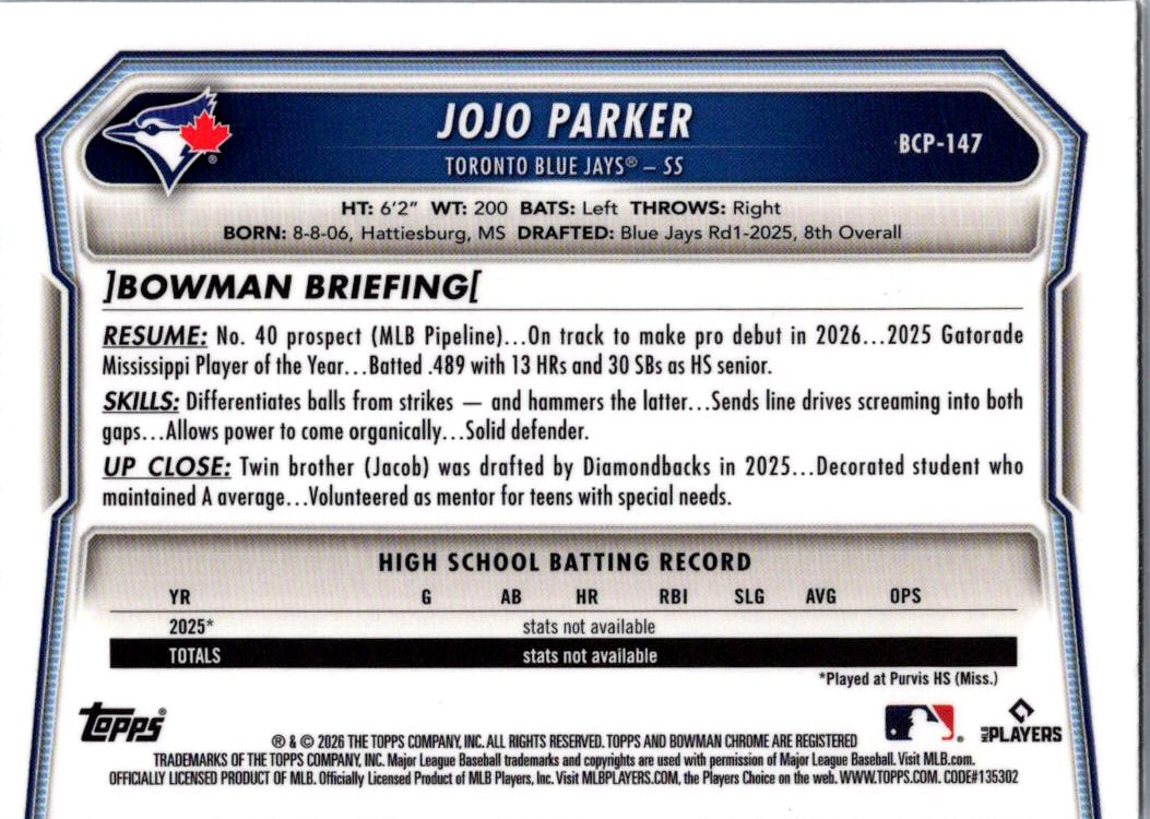 2026 Bowman Chrome Jojo Parker #BCP-147