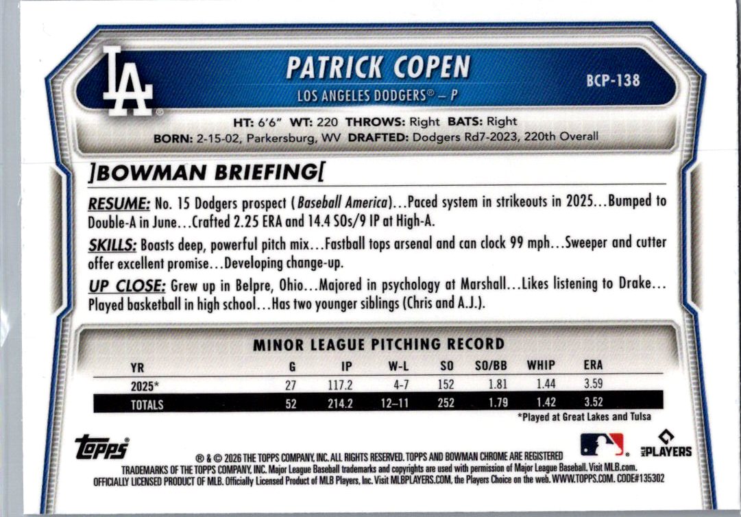 2026 Bowman Chrome Patrick Copen #BCP-138