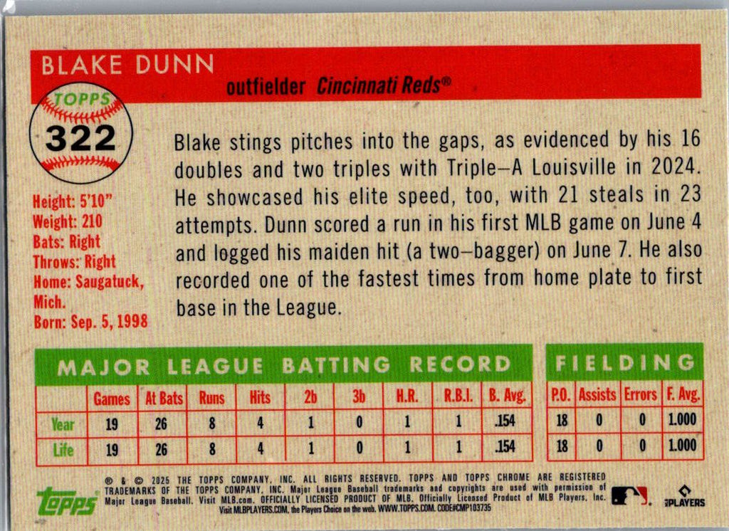 2025 Topps Chrome Platinum Blake Dunn #322 RC Auto