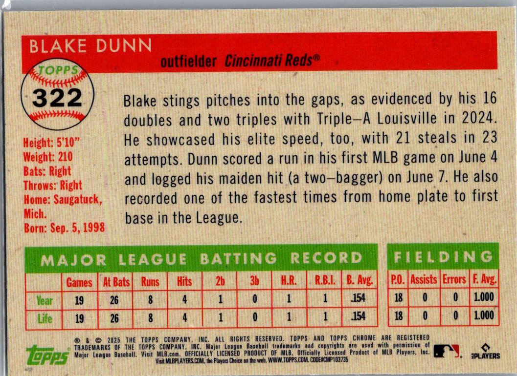 2025 Topps Chrome Platinum Blake Dunn #322 RC Auto