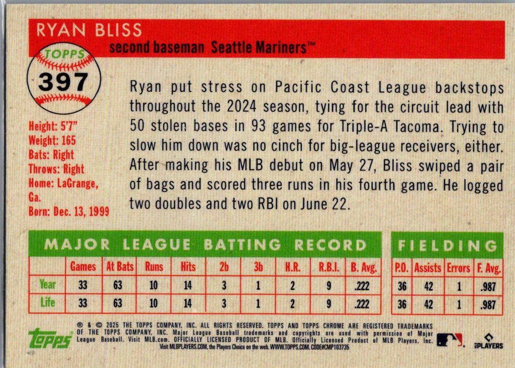 2025 Topps Chrome Platinum Ryan Bliss #397 RC