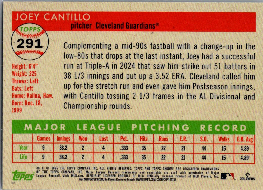 2025 Topps Chrome Platinum Joey Cantillo #291 RC