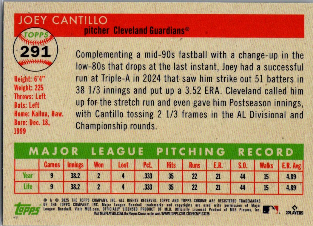 2025 Topps Chrome Platinum Joey Cantillo #291 RC