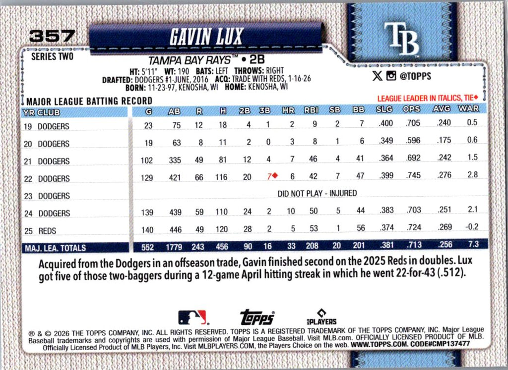2026 Topps Series Two Gavin Lux #357 Silver Crackle