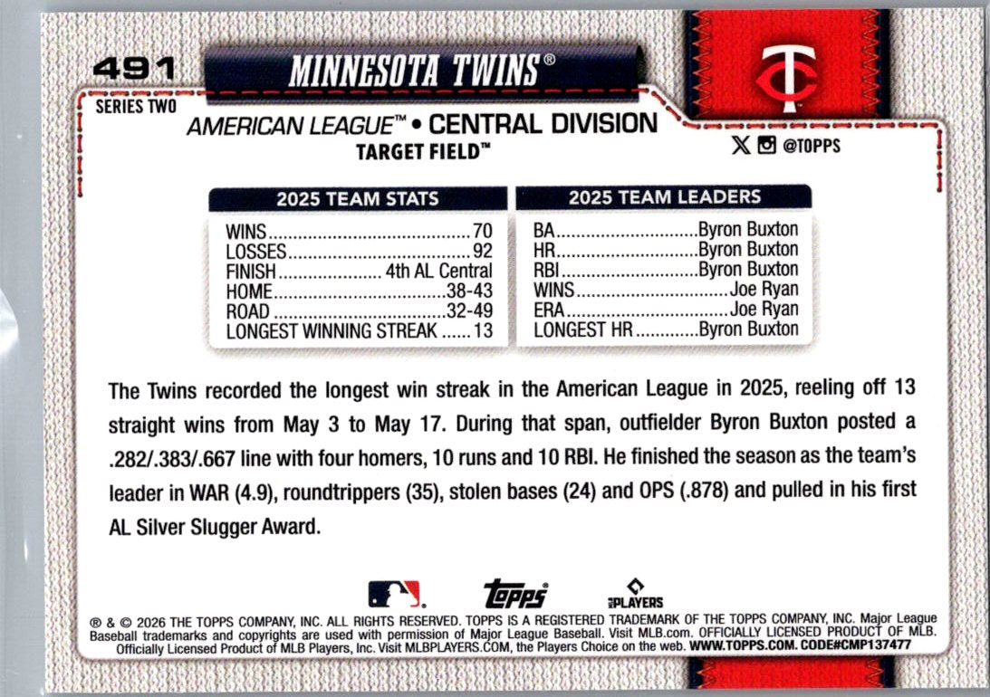 2026 Topps Series 2 Minnesota Twins #491 Silver Crackle