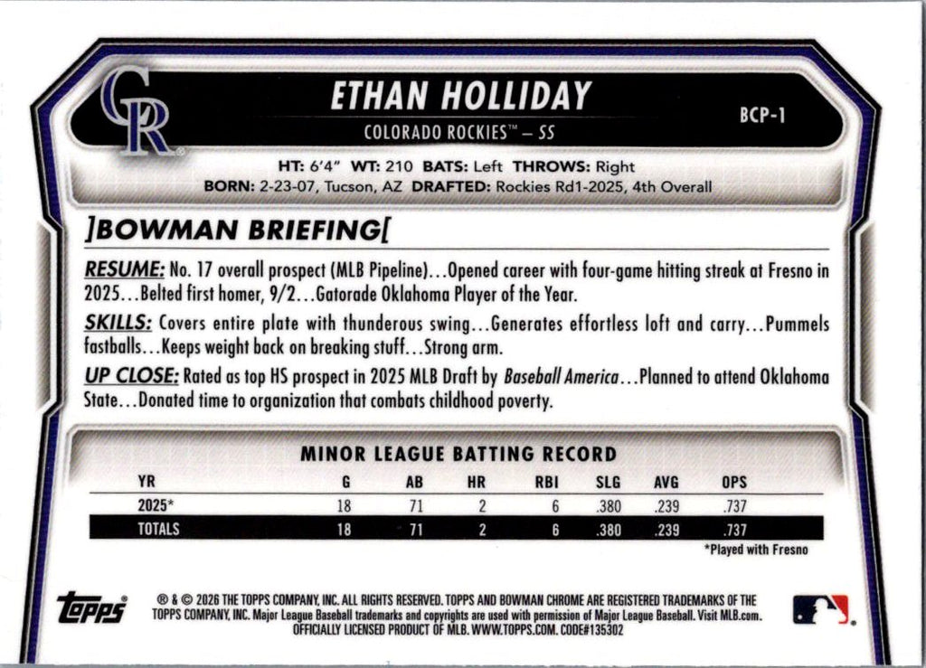 2026 Bowman Chrome Ethan Holliday #BCP-1 Shimmer