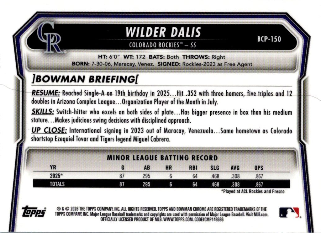 2026 Bowman Chrome Wilder Dalis #BCP-150 Aqua Mojo Refractor /125