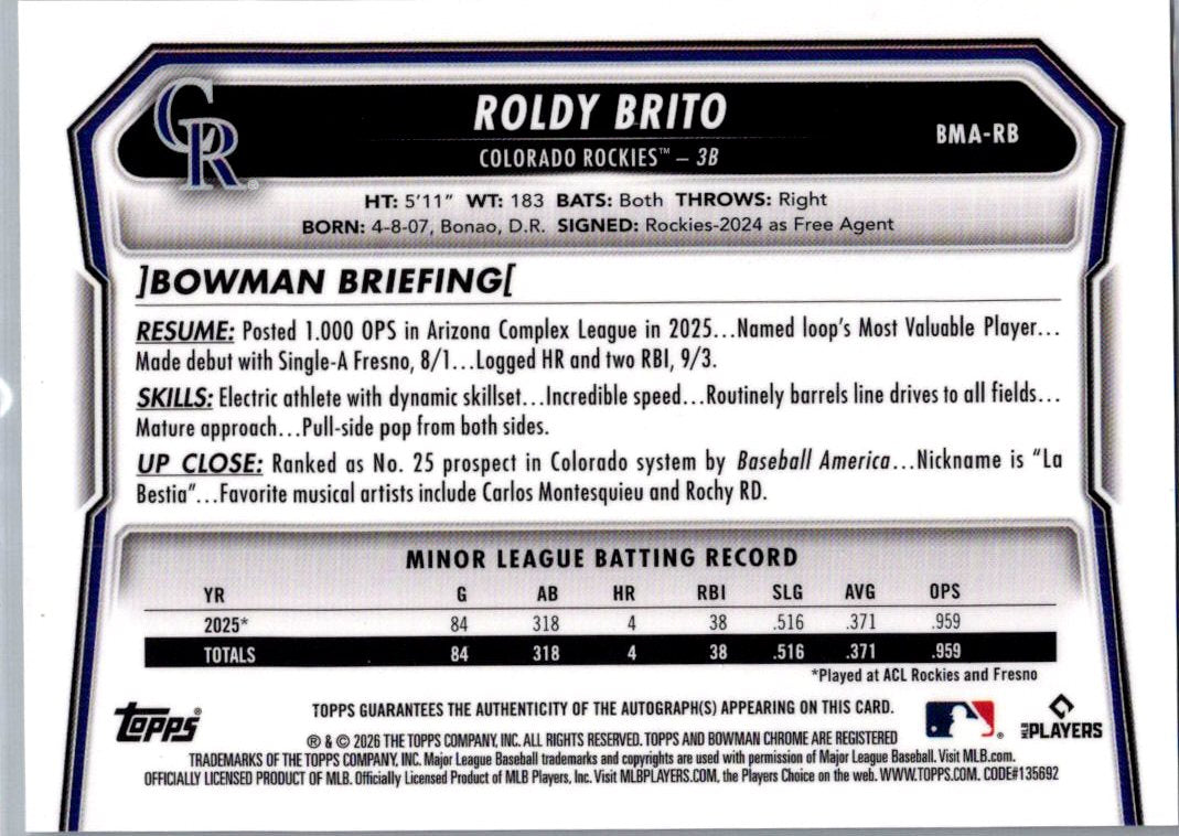 2026 Bowman Chrome Roldy Brito #BMA-RB Mojo Refractor Auto