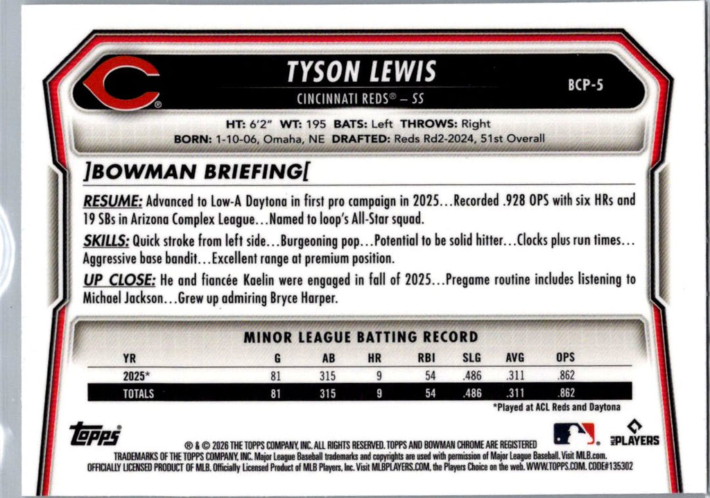 2026 Bowman Chrome Tyson Lewis #BCP-5