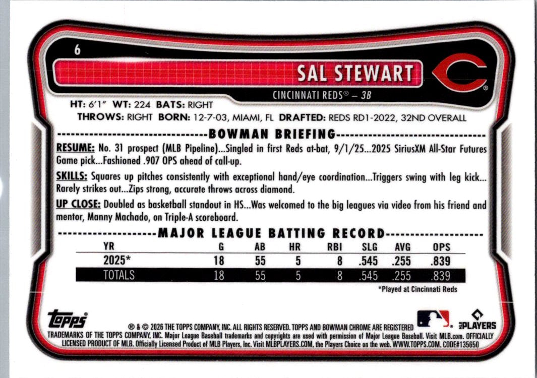 2026 Bowman Chrome Sal Stewart #6 Red Rookie Refractor RC