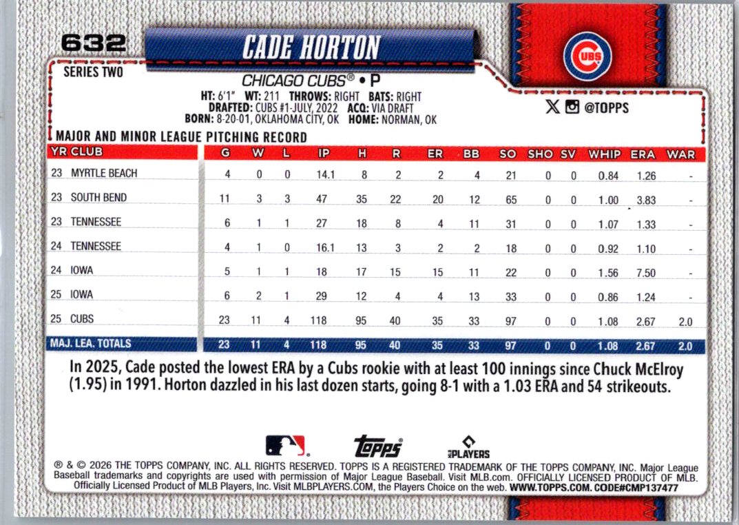 2026 Topps Series Two Cade Horton #632
