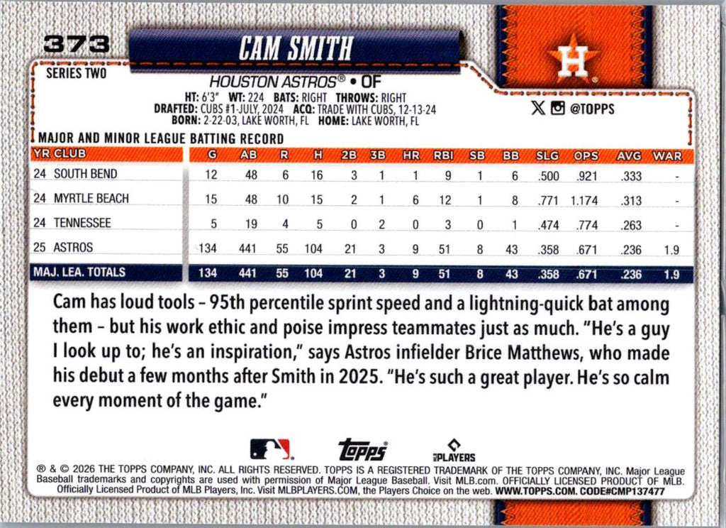 2026 Topps Series Two Future Stars Cam Smith #373