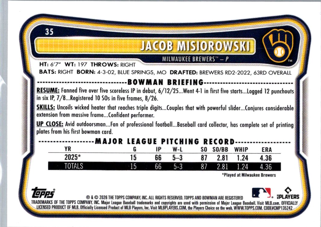 2026 Bowman Jacob Misiorowski #35 RC