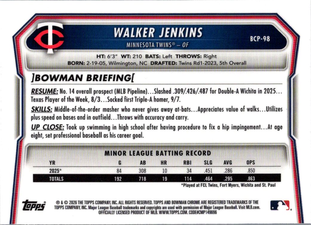 2026 Bowman Chrome Walker Jenkins #BCP-98 Mojo Refractor