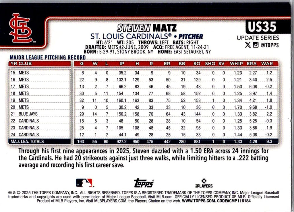 2025 Topps Update Series Steven Matz #US35 Red Foil