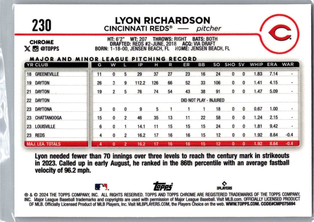 2024 Topps Chrome Lyon Richardson #230 Prizm Refractor RC
