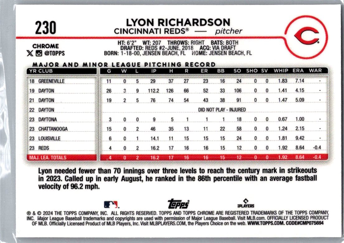 2024 Topps Chrome Lyon Richardson #230 Prizm Refractor RC