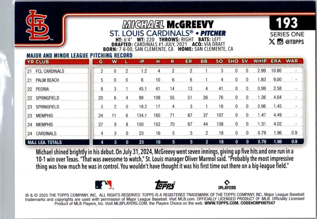 2025 Topps Series One Michael McGreevy #193 Diamante RC