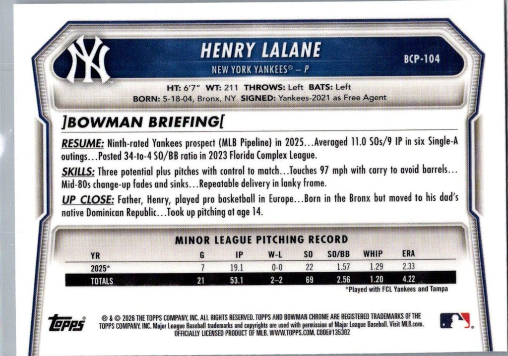 2026 Bowman Chrome Henry Lalane #BCP-104