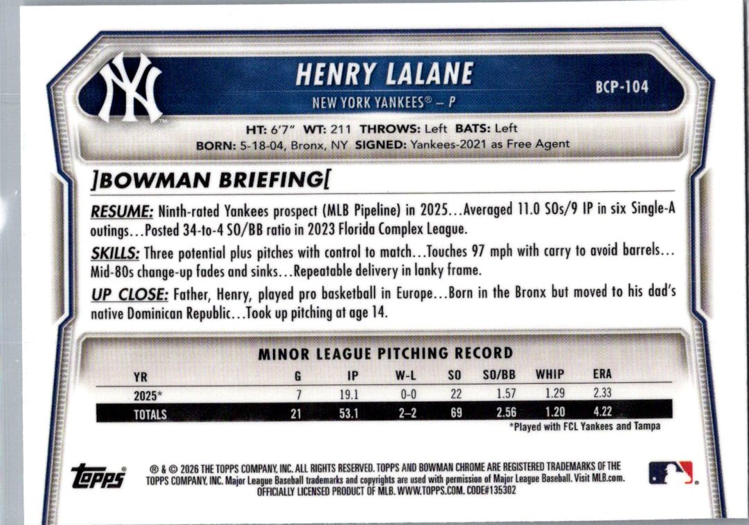 2026 Bowman Chrome Henry Lalane #BCP-104