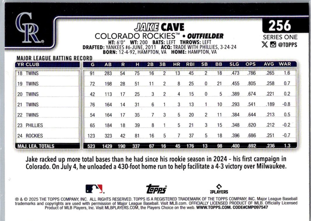2025 Topps Series One Jake Cave #256 Diamante