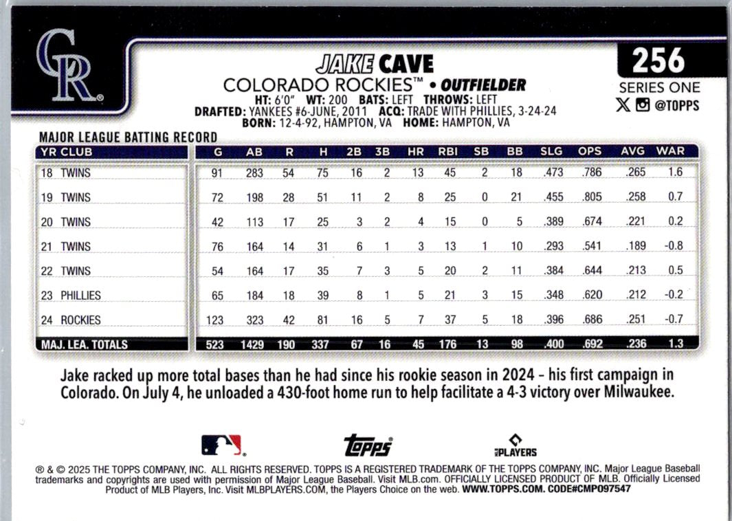 2025 Topps Series One Jake Cave #256 Diamante