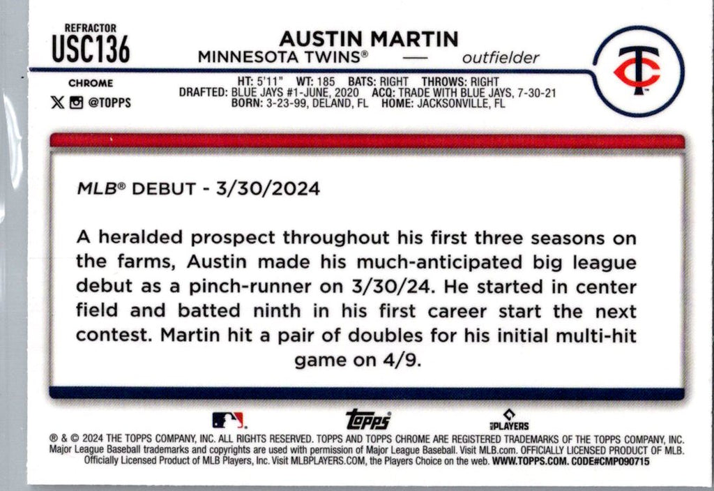 2024 Topps Chrome Update Austin Martin #USC136 X-Fractor RC