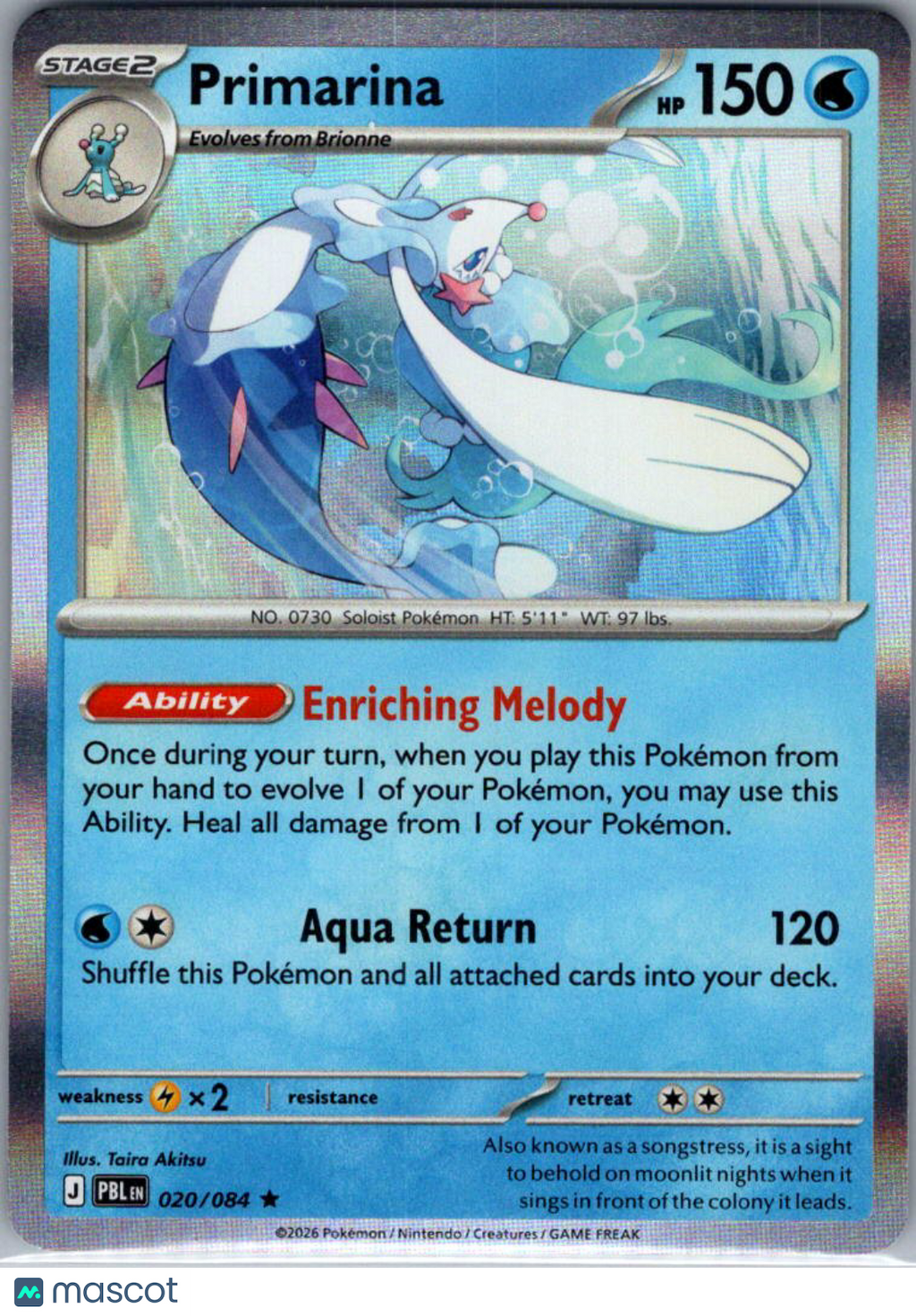2026 Pitch Black Primarina Holo Rare #020/084
