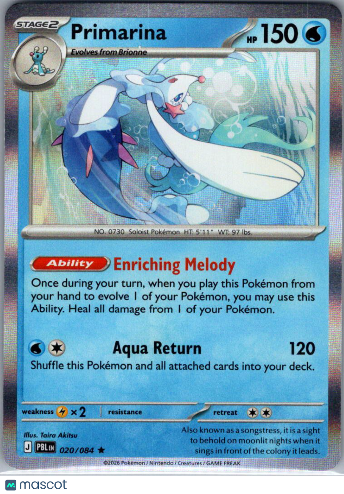 2026 Pitch Black Primarina Holo Rare #020/084
